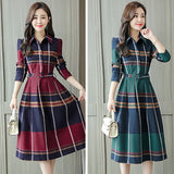 Collar Plaid tunic Dress women Belt