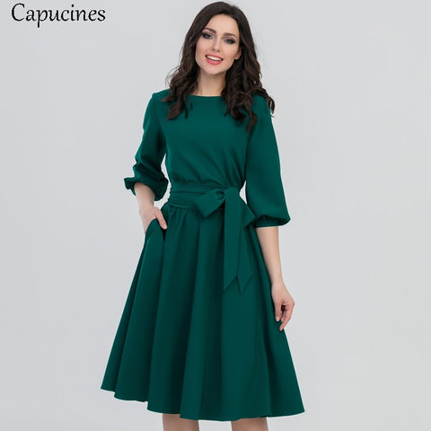 Summer Vintage Soild Lantern Sleeve A-Line Dress Women