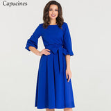 Summer Vintage Soild Lantern Sleeve A-Line Dress Women