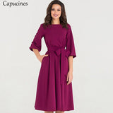 Summer Vintage Soild Lantern Sleeve A-Line Dress Women